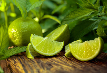 Lime slices and mint leaves on an old wooden background.