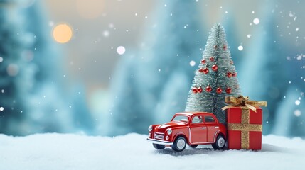 a toy car carrying a present next to a small christmas tree