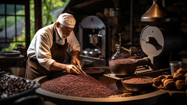 Wide horizontal photograph of an Arabic farmer working on traditional premium coffee quality checking and processing in a grinding mill  