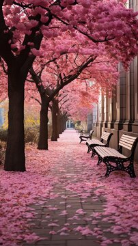 benches and pink trees with pink leaves on the ground