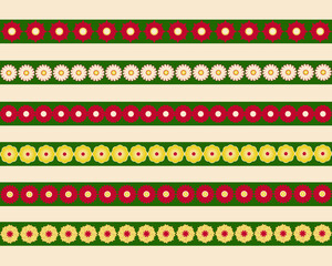 Bright green stripes with red flowers, Christmas decorations. Flower flat color Vector ornaments. Seamless pattern for wrapping paper, packaging tape. Set of floral borders. Horizontal frames.