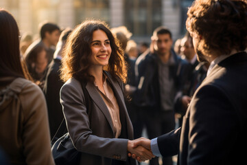 Fototapeta na wymiar A precious scene of a smiling blonde woman in a suit shaking hands with another businessman in a bustling city square with warm sunlight. Generative AI.