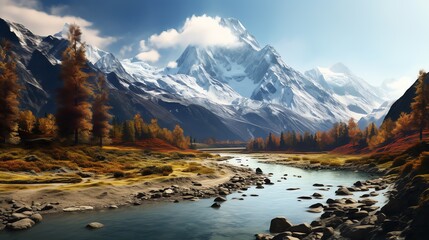 a river running through a snowy mountain with K2 in the background