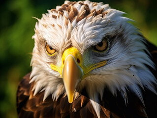 Obraz premium Intense gaze of an eagle captured in detail, highlighting its predatory essence in the wild.
