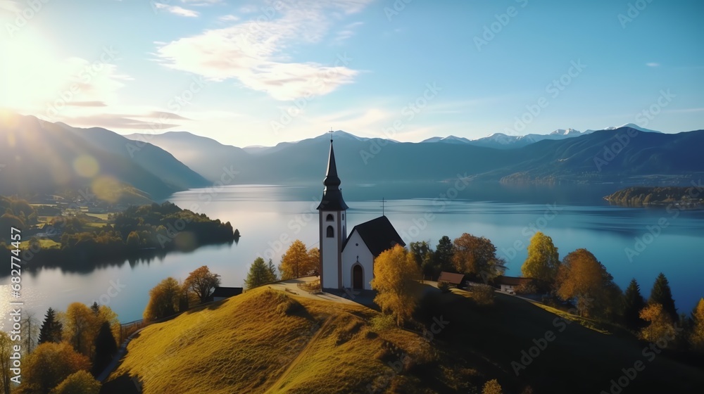 Wall mural a church on a hill with a lake and mountains in the background