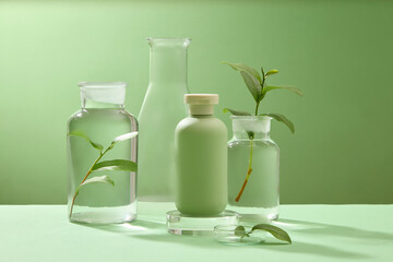 On the green background, a green bottle unlabeled displayed with green tea leaves and glass flasks. Minimal scene for advertising product with ingredient from green tea. Space for design