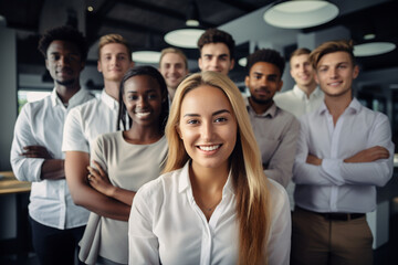 Fototapeta premium Group of young business people posing as a team in the office