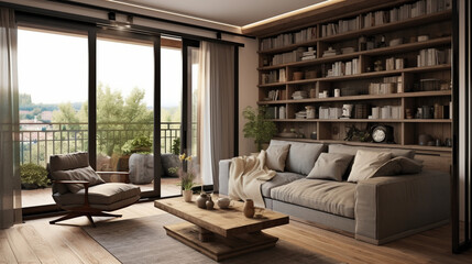 living room style country modernism with balcony sliding doors