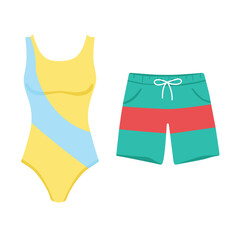 Vector illustration woman's swimsuit and man's swimming shorts