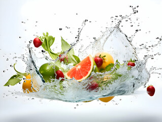 Fruits and vegetables fall with the splash of water. High quality