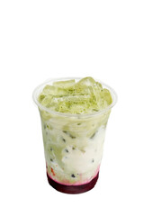Iced strawberry matcha latte in plastic cup.