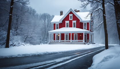 A snow-covered house with a red door surrounded by snowy trees on a street, its cozy interior visible through snow-dusted windows, creates a peaceful winter wonderland scene.