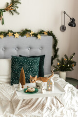 Christmas Decoration Breakfast in Bed Cappuccino Decor New Year Party Concept Background