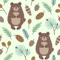 Winter seamless pattern with green branch, pine cone and bear. - 682775805