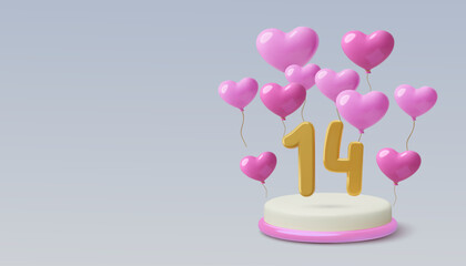 February 14 date on 3D podium with heart shape balloons. Valentine's day holiday background with copy space. Three dimensional vector illustration.