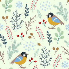 Seamless pattern with fir branch, berry and bird - 682775842