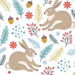 Seamless pattern with green branch, acorn and rabbit. - 682775899