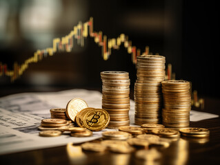 Bitcoins and New Virtual money concept,Gold Bitcoin crypto currency on background of chart diagram