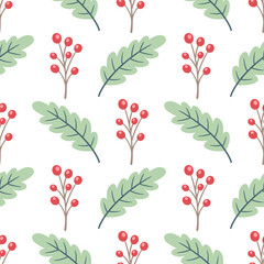Winter seamless pattern with green oak leaves and red berry - 682776031