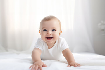 Cute baby  on his head smiles on a white background, A happy multicultural infant in neutral attire smiles