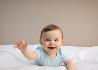 Cute baby  on his head smiles on a white background, A happy multicultural infant in neutral attire smiles