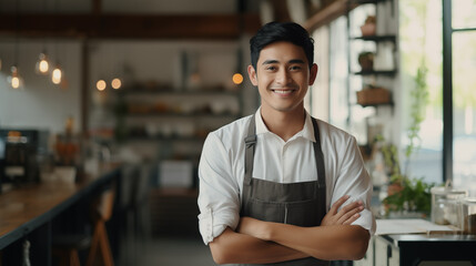 Small business owner stands confidently at cafe entrance