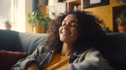 Happy woman relaxing on the sofa at home, Resting after a hard day work, closed eyes, put hands behind head, smiles happily. Relaxation, self care, enjoy life concept