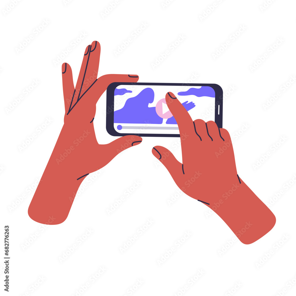 Poster person holds smartphone in hands, press on play button in online video player. people watching movie
