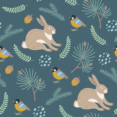 Pattern with green fir branch, acorn and rabbit. - 682776208