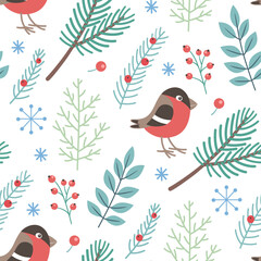 Seamless pattern with fir branch, berry and bullfinch. - 682776261