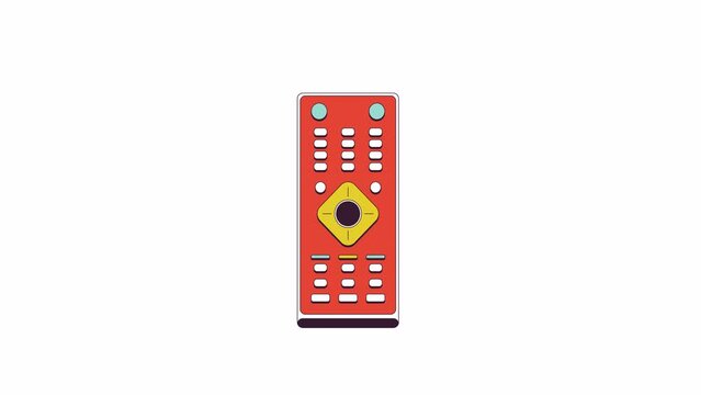 TV remote control button pushing line 2D object animation. Remote controller for television equipment flat color cartoon 4K video, alpha channel. Watching tv device animated item on white background