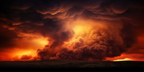 Desert sand dunes on huge fire. Dark smoke above. Dramatic disaster landscape. Generative AI