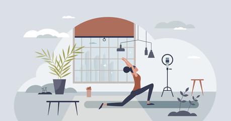 Yoga meditation practices online and stretching exercises tiny person concept. Distant activity streaming with fitness training video vector illustration. Body health lesson using digital course.