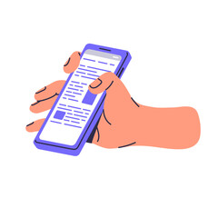People hold cellphone in hand, show screen. Person reading news, scroll feed, surf internet in mobile phone. Browser search results on smartphone display. Flat isolated vector illustration on white
