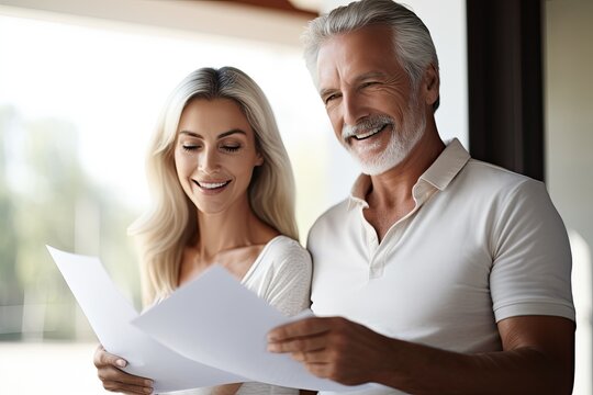 An Elderly Couple Happily Reviewing Insurance And Financial Documents Together At Home, Planning For A Secure Future.