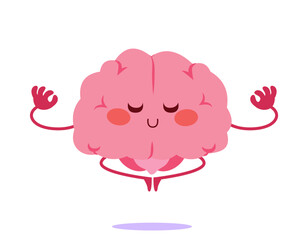 Cute healthy happy human brain organ vector illustration isolated on white background. Mental calm yoga relax peace meditate mascot concept