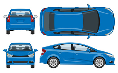 Blue car vector template with simple colors without gradients and effects. View from side, front, back, and top