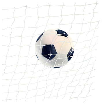 recommend clip art: Soccer football ball and net watercolor drawing. Goal mesh isolated on white background