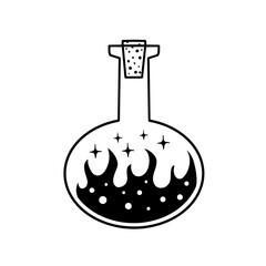 Magic bottle. Esoteric alchemy and glass elixir poison. Mystery chemistry drink. Fantasy cartoon magical mystic mixture, Vintage decorative element