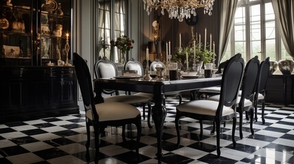 modern chess board floor dining table with chair,