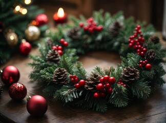 christmas wreath on wood table background holiday decoration