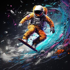 Fototapeta premium An astronaut wearing a Hawaiian shirt surfing on the moon