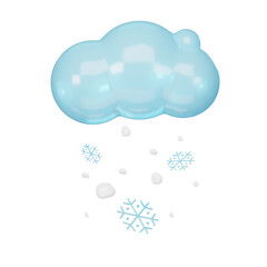  3D weather icons, render style sun, cumulus and snowflakes. Trendy fluffy bubbles clouds, wind symbol, raindrops.