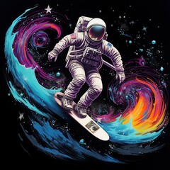 An astronaut wearing a Hawaiian shirt surfing on the moon