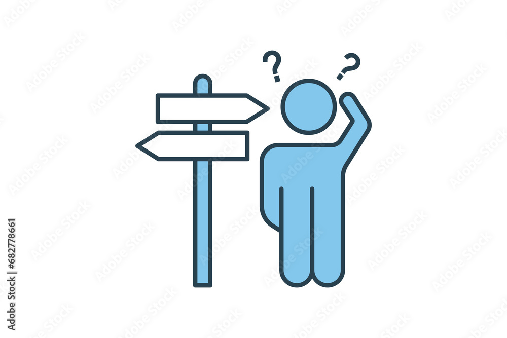 Poster lost icon. human scratching head and directions. icon related to confusion. flat line icon style. si