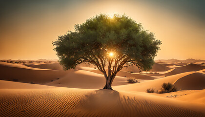 A small green tree stands alone amid a vast sandy desert as the setting sun casts a warm glow over the surreal contrast of lush foliage and barren landscape