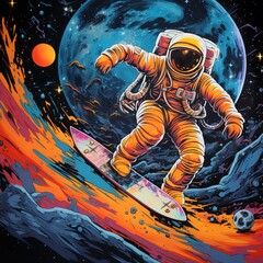 An astronaut wearing a Hawaiian shirt surfing on the moon