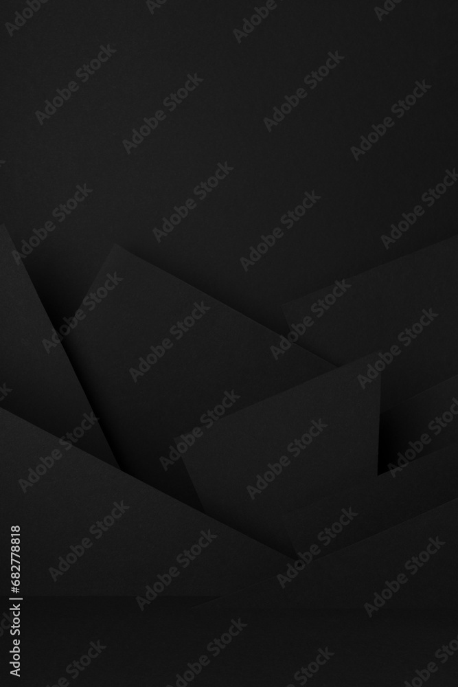 Poster rich black stage mockup with abstract geometric pattern of angles, polygonal shapes and triangles as