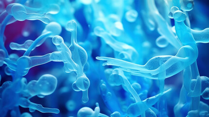 Beautiful electronic microscopy of bacteria, fungi fantasy microbiology in blue tones. Microscopic life. Generative AI