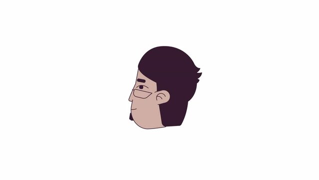Eyeglasses adult man arab line 2D avatar animation. Middle eastern guy bearded flat linear cartoon 4K video, alpha channel. Egyptian mature male nodding head animated portrait on white background